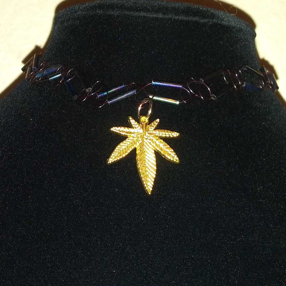 Weed leaf charm necklace, choker charm necklace